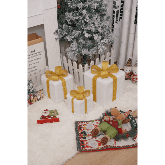 White Series 3-Pack Christmas Gift Box Set with Remote Control, 8 Lighting Modes, Battery-Operated LED Decorations for Holiday Home Party Décor