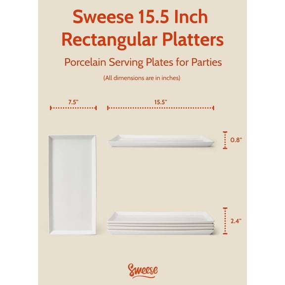 White Serving Platters, Porcelain Serving Trays for Parties, Large Rectangular Plates - 15.5 Inch, Set of 4
