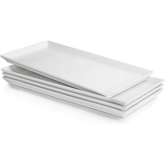White Serving Platters, Porcelain for Parties, Large Rectangular Plates - 15.5 Inch, Set of 4