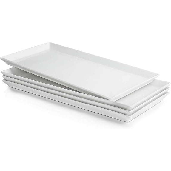 White Serving Platters, Porcelain for Parties, Large Rectangular Plates - 15.5 Inch, Set of 4