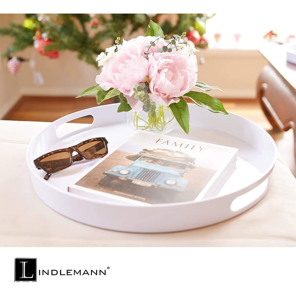 White Serving Tray Large Melamine Platter Round Breakfast Trays with Handles for Coffee Table Ottoman Living Room Home Décor Holiday Celebration & Party (17")