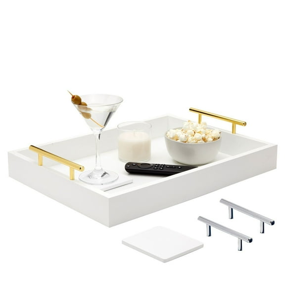 Juvale Ottoman Tray with Coasters & Interchangeable Gold & Silver Handles - 15.7" x 11.8" x 3.1" - White Rustic Wood Rectangular - Coffee Table Tray for Serving & Decorative Accents