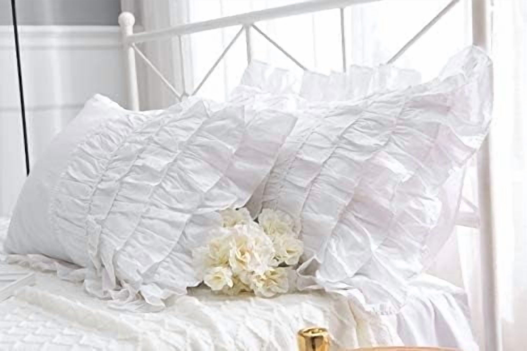 White Shabby Chic Pillow Shams Pillowcases with Ruffles Queen Size Cotton Pillow Covers 20"X30" 2pcs French Country Boudoir Luxury Princess