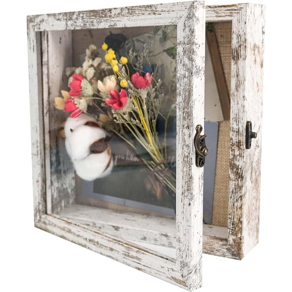 White Shadow Box Frame Real Glass Window Door with Hinge 8 x 8