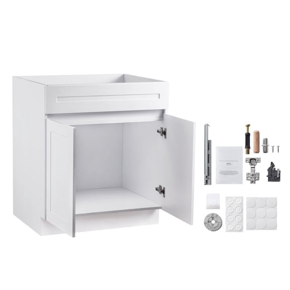 White Shaker Base Cabinet 30 Inch, RTA Sink Base Cabinet, Soft Close Hinges, Adjustable Shelf, for Kitchen, Bathroom, Office - White