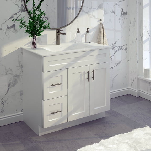 White Shaker Bathroom Vanity Sink Base with Drawers 36" Ready-to-Assemble Cabinet