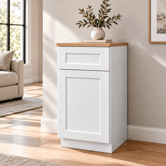White Shaker Kitchen Base Cabinet, 15" W x 24" D x 34.5" H, RTA, Plywood Cabinet Box, Dovetail Drawer, Soft-Close Door & Drawer