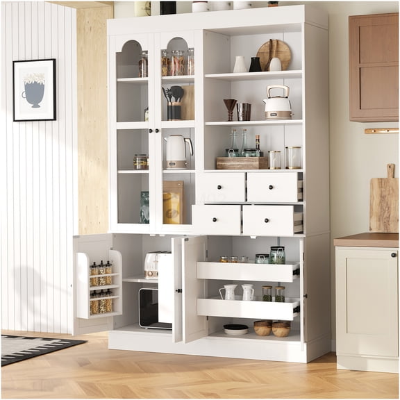 White Shaker Style Buffet with Hutch, 75" Tall Kitchen Pantry Cabinet with 4 Drawers, 6 Doors & Pull-Out Trays for Dining Room Storage