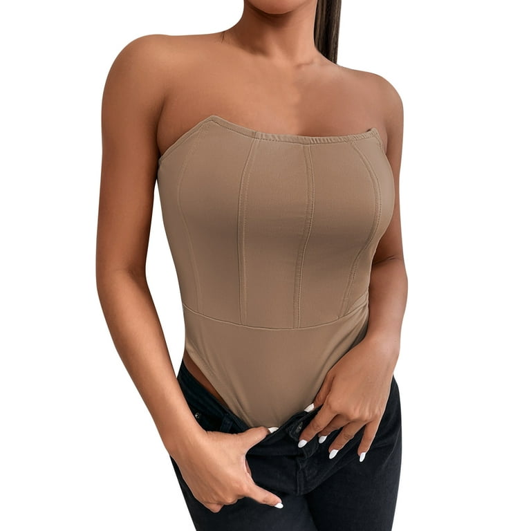 White Shapewear Bodysuit For Women Tummy Control Body Shaper Seamless Tube  Top Stitching Solid Color Strapless Jumpsuits For Women Summer Brown M 