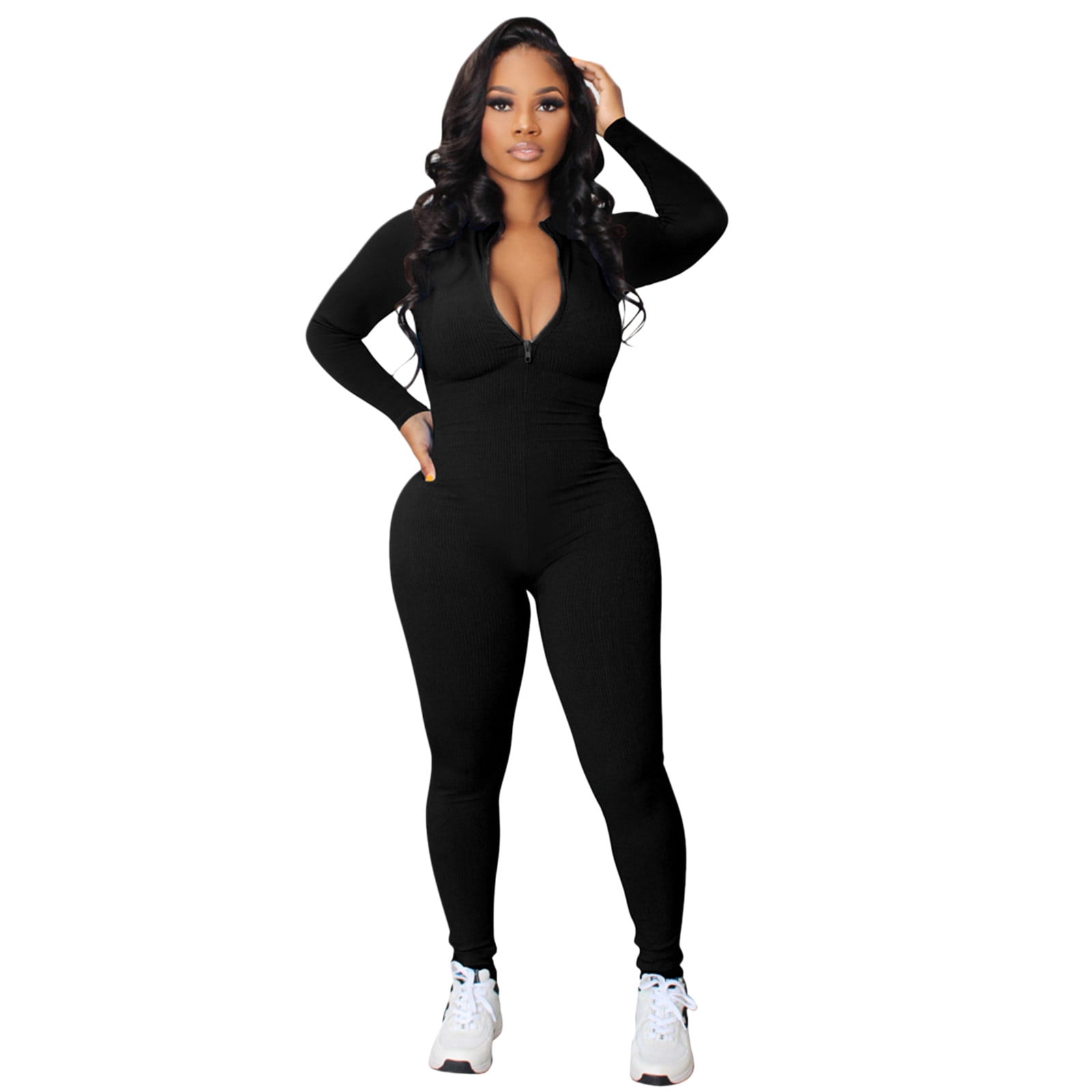 Bodysuit For Women Tummy Control Zipper V Neck Long Sleeve Rompers Catsuit  Sport One Piece Jumpsuits For Women A XL 