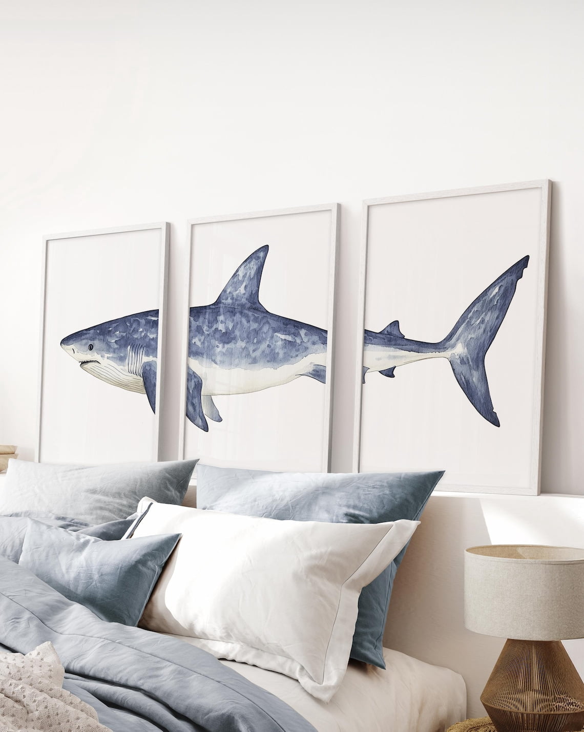 Shark Project Drawings White Shark Prints, Navy Blue Coastal Beach House Wall Art - Walmart.com