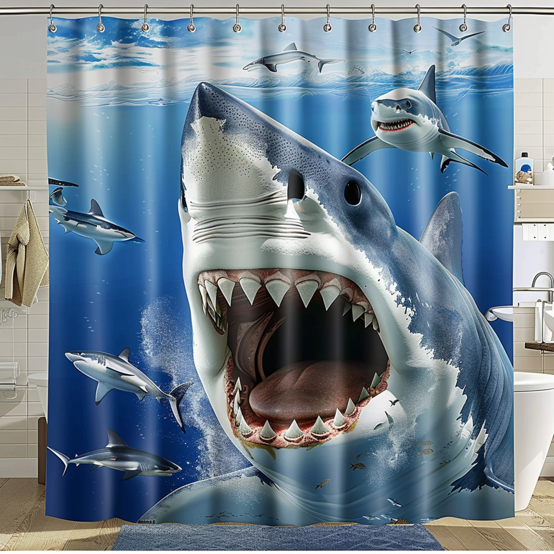 White Shark Shower Curtain with Open Mouth and Teeth Bathroom Decor