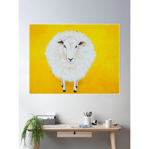White Sheep On A Yellow Background Poster Wall Art, Modern Wall Decor For Living Room Bedroom, 8x12 UNFRAMED