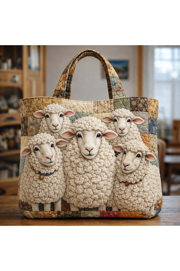 White Sheep Quilted Tote Bag, Cute Farm Animal Pattern Shoulder Tote, Cozy Cottagecore Market Bag
