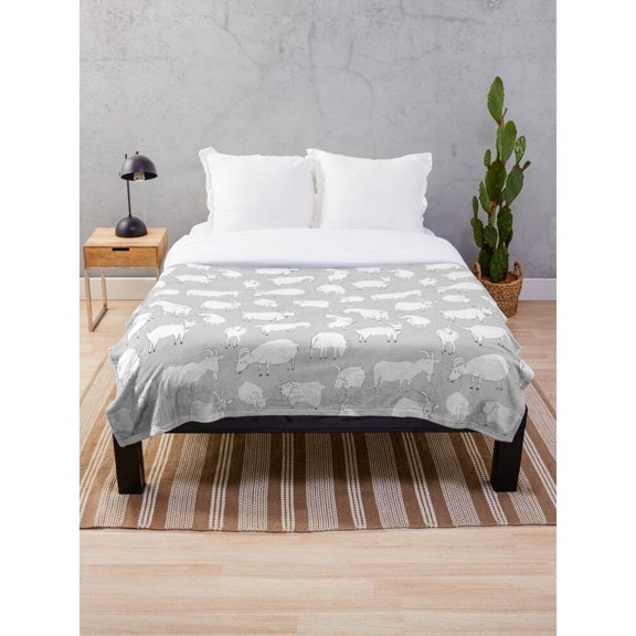 White Sheep on Gray Fleece Blanket, 280 GSM Polyester Fleece Fabric, Farmhouse Animal Style for Couch or Bed