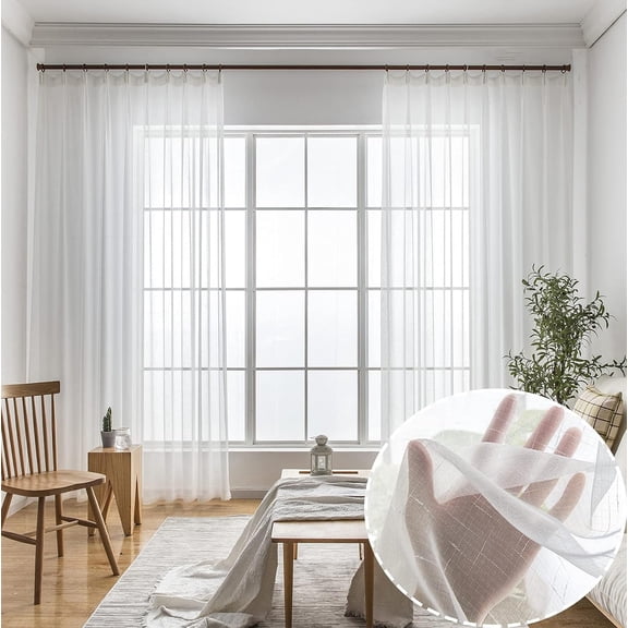 Off White Sheer 94 Inch Curtains & Drapes Long 2 Panels, Thin Textured Linen Look Sheers for Living Room, Rustic Ivory See Through Ceiling Curtains, Pinch Pleat Sliding Glass Door Curtain
