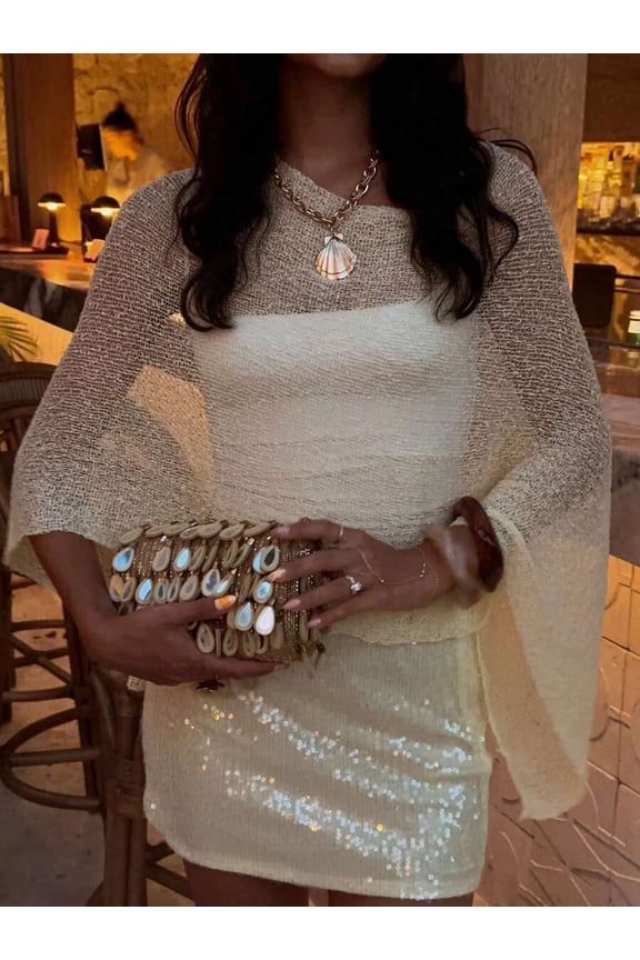 White Sheer Crochet Knit Poncho Shrug With Open Front Loose Fit Sequin