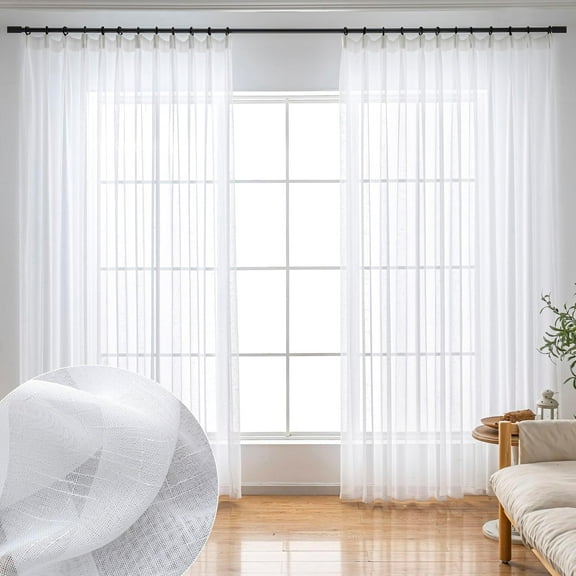 White Sheer Curtains 102 Inch Long 2 Panels, Thin Textured Linen Look Ceiling Curtains & Drapes for Living Room, Rustic See Through Window Treatments, Pinch Pleat Sliding Glass Door Curtain