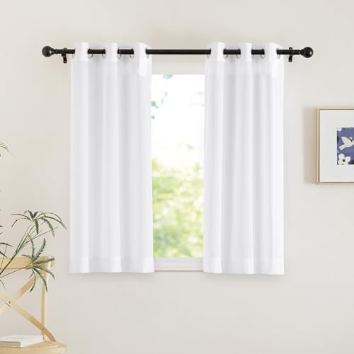 White Sheer Curtains 45 inches Long, Grommet Light Filtering Airy Voile Sheer Lightweight & Breathable Window Treatments for Kitchen/Cafe, W30 x L45, 2 Panels