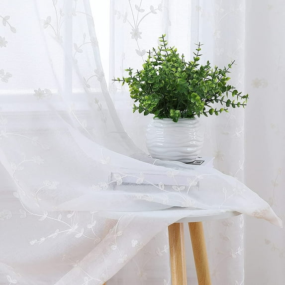 White Sheer Curtains 63 Inch Length 2 Panels, Leaf Embroidered Grommet Voile Drapes for Living Room, Bedroom, Window Treatments Semi Curtain Panels(White, 52" W x 63" L, 2 Panels)
