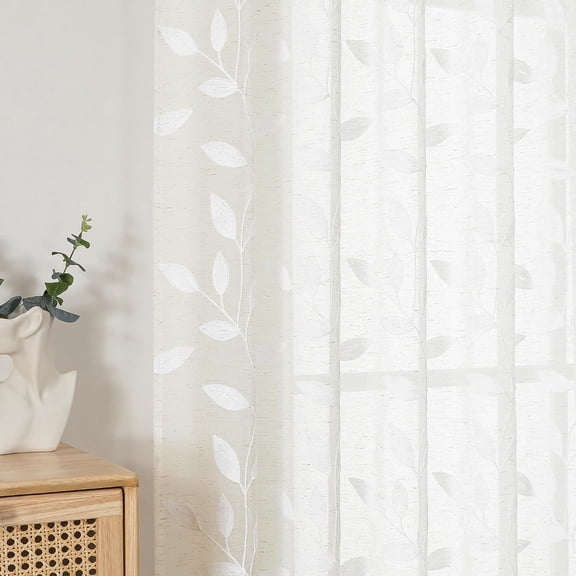 White Sheer Curtains 63 Inch Length - Light Filtering Linen Blend Embroidered Leaf Window Curtain Panels for Living Room Bedroom, 40Wx63L, 2 Pack