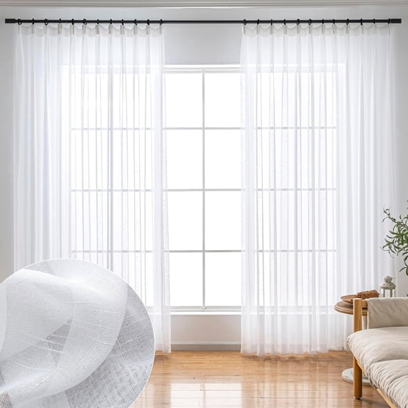 White Sheer Curtains 96 Inches Long 2 Panel, Thin Textured Linen Look Ceiling Curtains & Drapes for Living Room, Rustic See Through Window Treatments, Pinch Pleat Sliding Glass Door Curtain