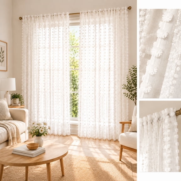 White Sheer Curtains Boho Pompom, Rod Pocket Drapes for Living Room 52"x 63", 1 Panel