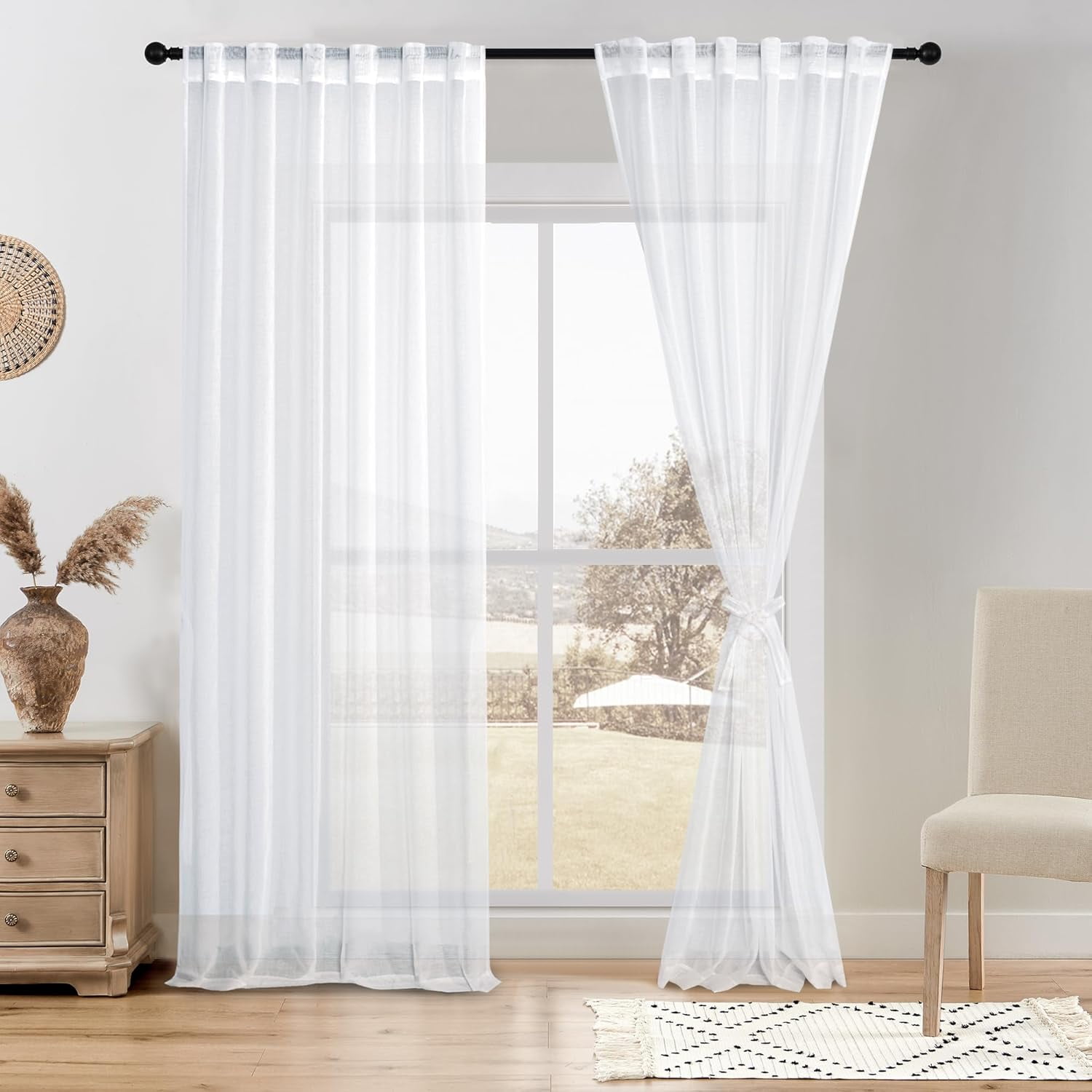 White Sheer Curtains, Faux Linen Look Semi Transparent Voile Rod Pocket