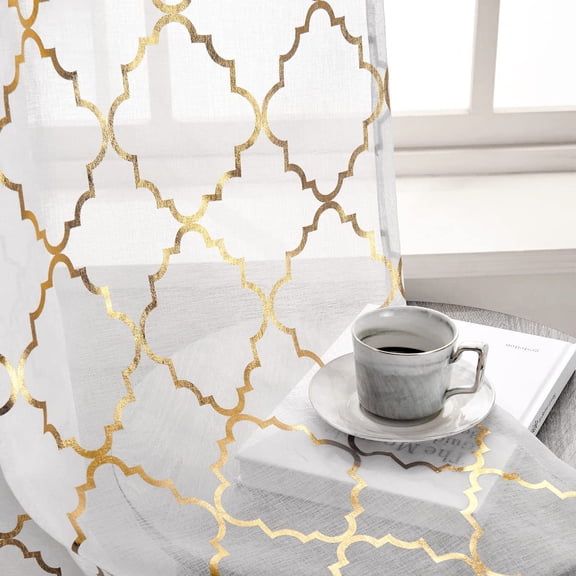 White Sheer Curtains with Gold Foil Moroccan 52 x 96 Inch, 2 Panels | Rod Pocket Neat Pleats, Translucent Voile Texture, Tames Bright Sun, Crisp Glow, High-Hung Longline, Privacy