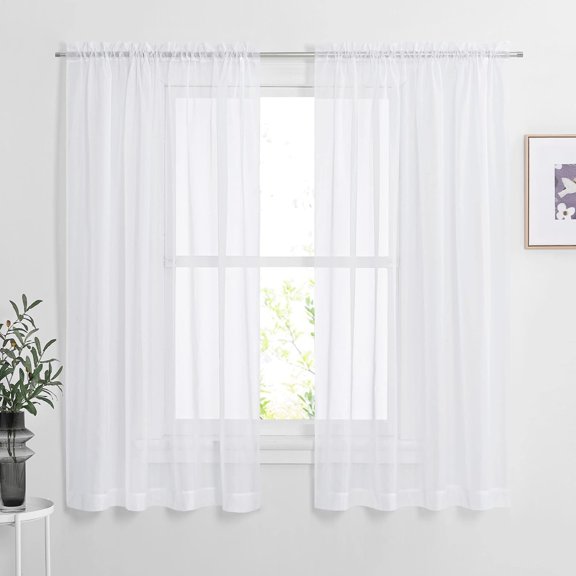 White Sheer Curtains for Bedroom, Rod Pocket Translucent Voile Sheer Airy & Breathable Curtain Panels, 2 Pieces