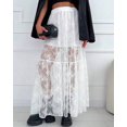 thumbnail image 1 of White Sheer Floral Lace Tiered A-Line Maxi Skirt With Elastic Waist For Women, 1 of 8