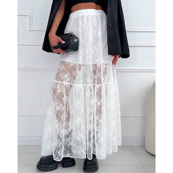 White Sheer Floral Lace Tiered A-Line Maxi Skirt With Elastic Waist For Women