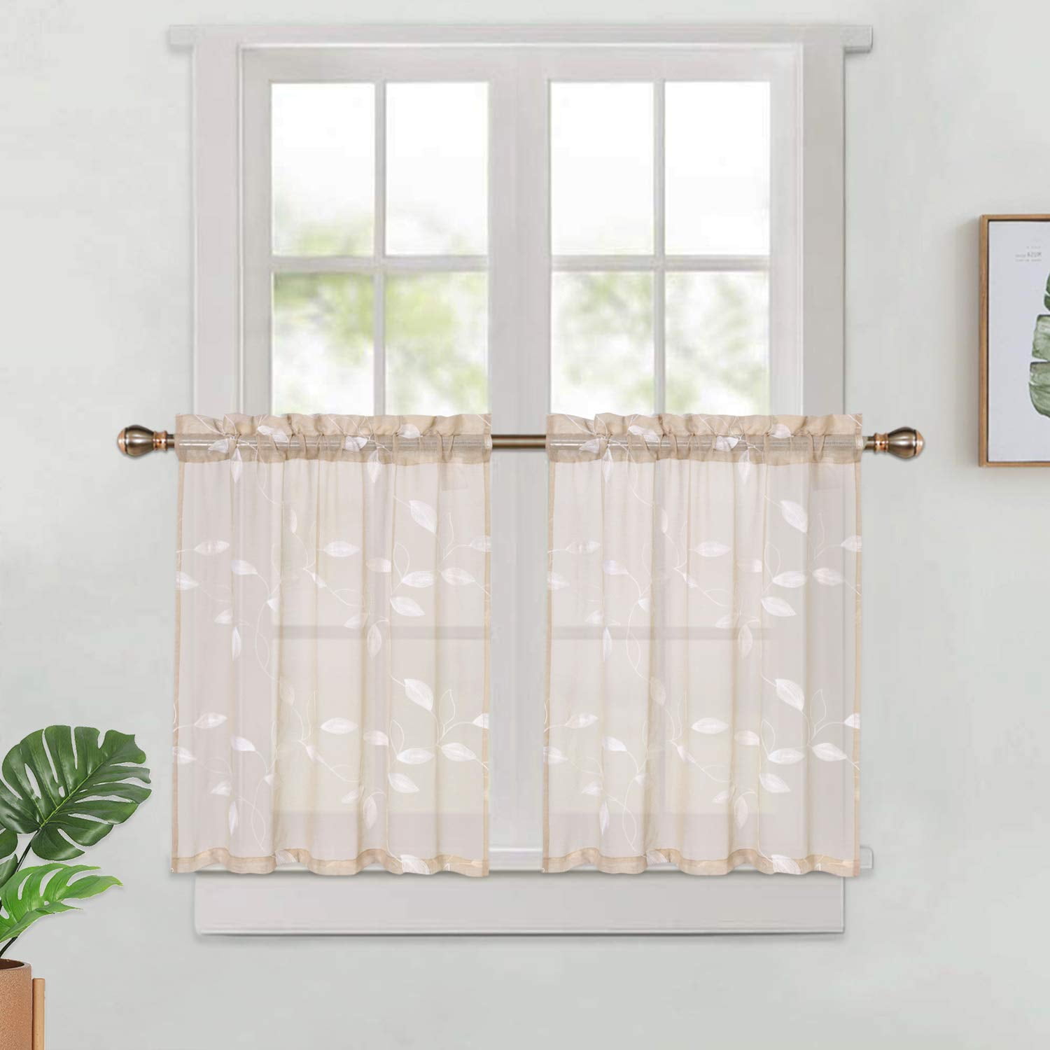 White Sheer Kitchen Tiers Curtains, Leaves Pattern Sheer Short Bathroom ...