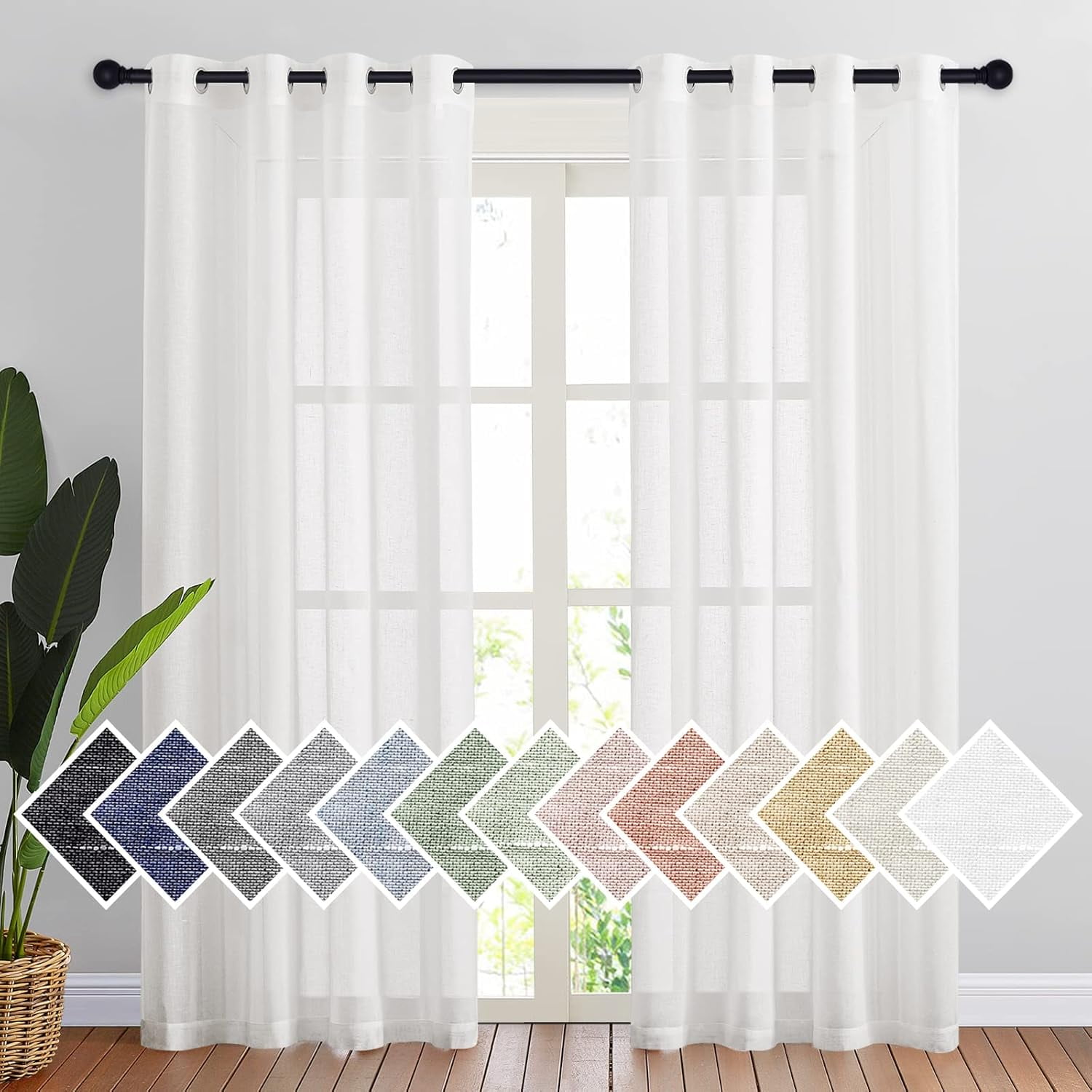 White Sheer Linen Curtains for Living Room 84 inch Length 2 Panels Set, Grommet Semi Sheer Privacy with Light Filtering Flax Window Treatments for Bedroom, W52 x L84