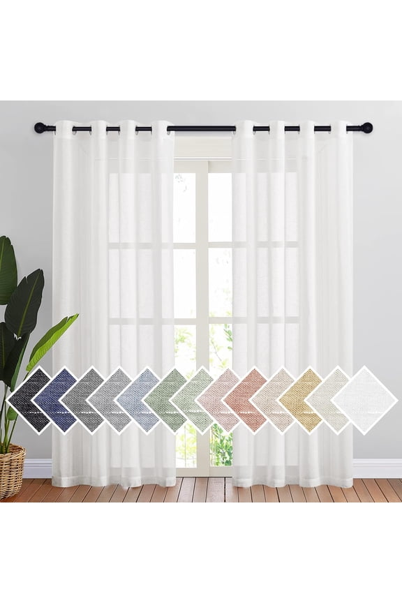 White Sheer Linen Curtains for Living Room 84 inch Length 2 Panels Set, Grommet Semi Sheer Privacy with Light Filtering Flax Window Treatments for Bedroom, W52 x L84