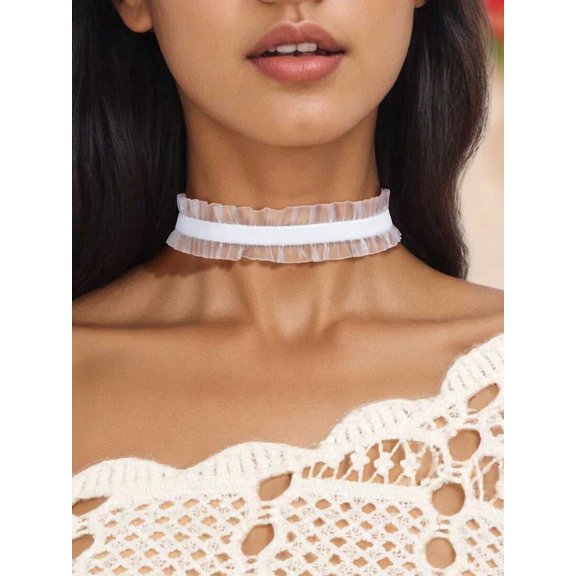 White Sheer Ruffled Velvet Choker Necklace For Evening Glam