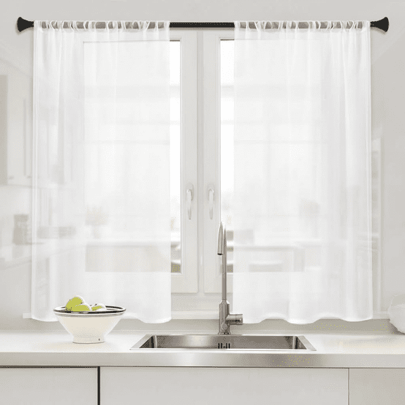 White Sheer Tier Curtains 40 Inches Long, 2 Panel Set for Small Windows - Light Filtering Voile Cafe Curtains with Rod Pocket for Kitchen, Bathroom and Dining Room Decor