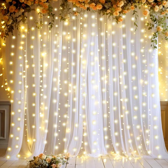 White Sheer Tulle Backdrop Curtains with Lights String for Party Wedding Wrinkle Free Curtain Backdrops Drapes for Shower Birthday Party Photo Drop Background Decorations 10ft x 8ft