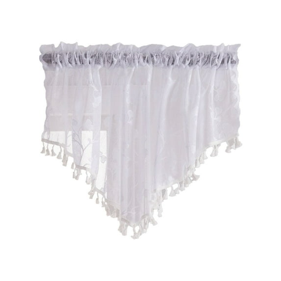 White Sheer Valances With Tassels Lace Window Curtain Swags For Kitchen Living Room Polyester Material 140X60Cm 110G White Color Decorative Window Treatment