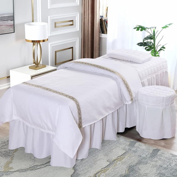White Sheet Set Bedding Bed Sheets Kit Solid Quilt Cover/Massage Bed Skirt/Pillow Case/Stool Cover/Quilt Filling/Plastic Storage Bag for Foot Wash Shops, Massage Shops, Beauty Salons, Hotels
