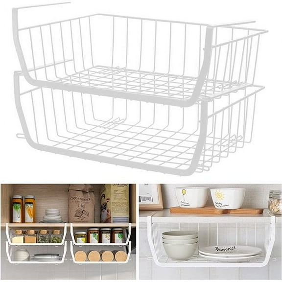 White Under Shelf Hanging Basket,White Under Shelf Storage Basket,Metal Wire Storage Basket Organizer,Undershelf Storage Unit Kitchen,Iron Mesh Shelf Basket Cabinet,For Office,Pantry,Cabinet,2 Pack