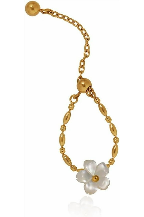 White Shell Flower Stacking Ring for Women Stainless Steel Dangling Ball Link Chain Statement Rings Dainty Cherry Blossom Wedding Engagement Promise Finger Bands Adjustable Jewelry