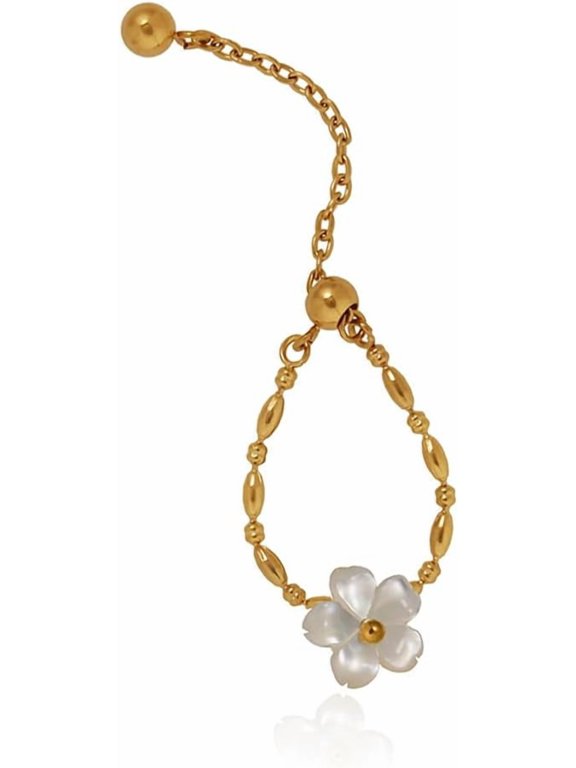 White Shell Flower Stacking Ring for Women Stainless Steel Dangling Ball Link Chain Statement Rings Dainty Cherry Blossom Wedding Engagement Promise Finger Bands Adjustable Jewelry