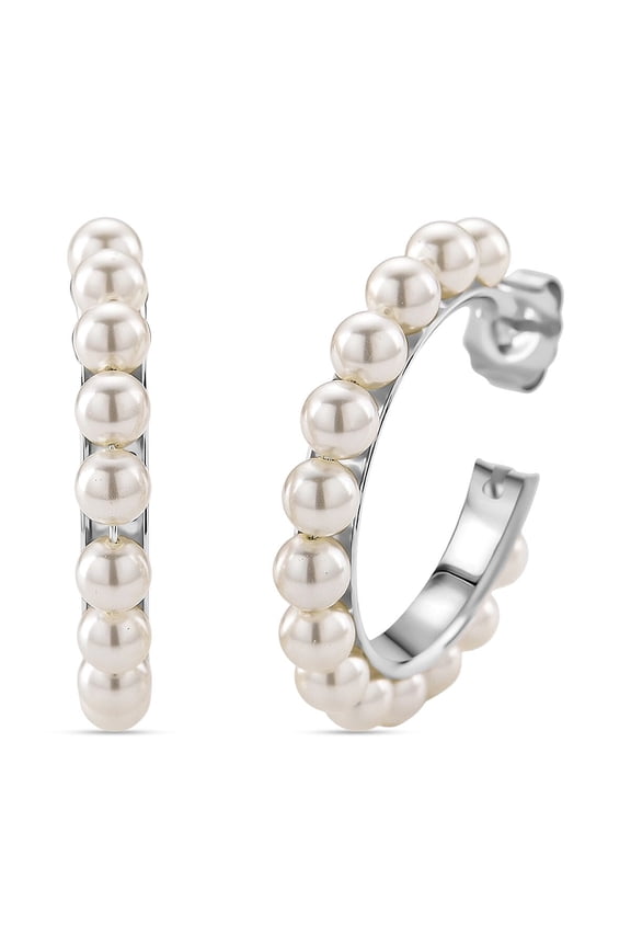 White Shell Pearl Hoop Earrings in Silvertone and Stainless Steel Christmas Gifts