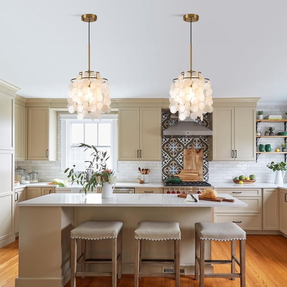 White Shell Pendant Lights, Brushed Brass Coastal Seashell Chandelier Metal 2 Tiers Ceiling Hanging Light Fixture for Kitchen Island Dining Room Entryway Bedroom Foyer, E26 Socket