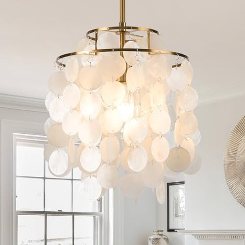 White Shell Pendant Lights, Brushed Brass Coastal Seashell Chandelier Metal 2 Tiers Ceiling Hanging Light Fixture for Kitchen Island Dining Room Entryway Bedroom Foyer, E26 Socket