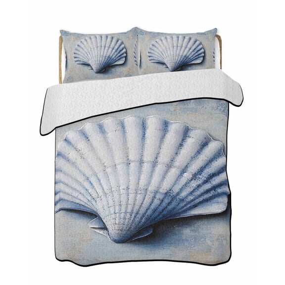 White Shell Quilts Bedding Set Queen Size Ocean Seashell Simple Oil Painting Realistic Lightweight Quilted Bedspread 3 Piece Bed Quilt with 2 Pillow Shams All Season for Bedroom 78" x 90"