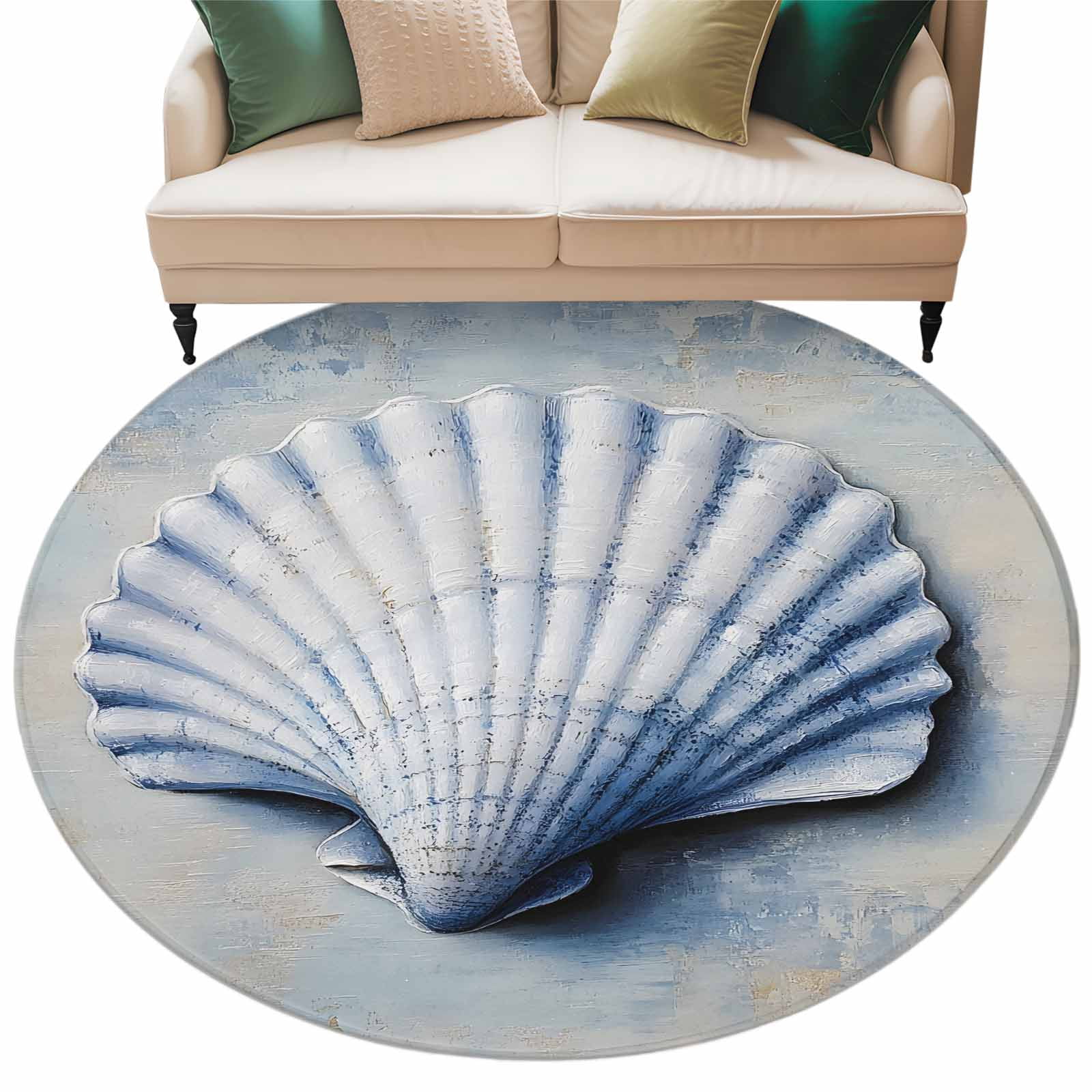 White Shell Rug White Shell Round Area Rug 5 ft Ocean Seashell Simple Oil Painting ...