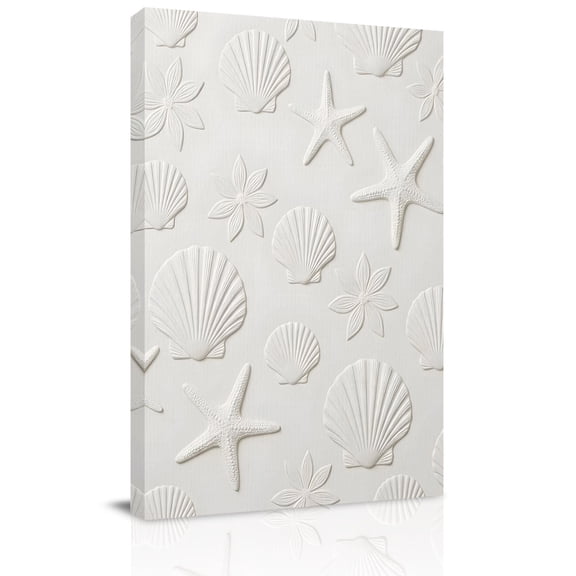 White Shell Starfish Canvas Wall Art for Living Room, Summer Beach Ocean Shells Embossed Texture Poster Print Painting for Bedroom Office Home Decoration Wall Pictures Prepare To Hang 8"x10"