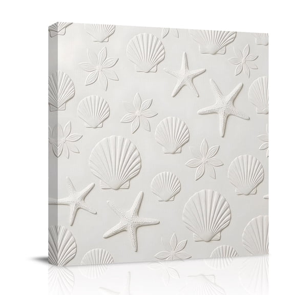 White Shell Starfish Canvas Wall Art for Living Room, Summer Beach Ocean Shells Embossed Texture Poster Print Painting for Bedroom Office Home Decoration Wall Pictures Prepare To Hang 16"x16"
